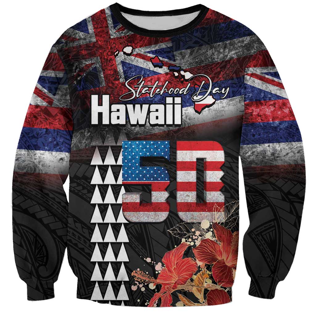 Hawaii Statehood Day Sweatshirt 50th state of the United States Kakau Tattoos and Hibiscus Grunge LT03 Unisex Black - Polynesian Pride