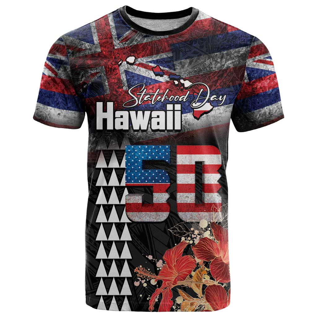 Hawaii Statehood Day T Shirt 50th state of the United States Kakau Tattoos and Hibiscus Grunge - Polynesian Pride