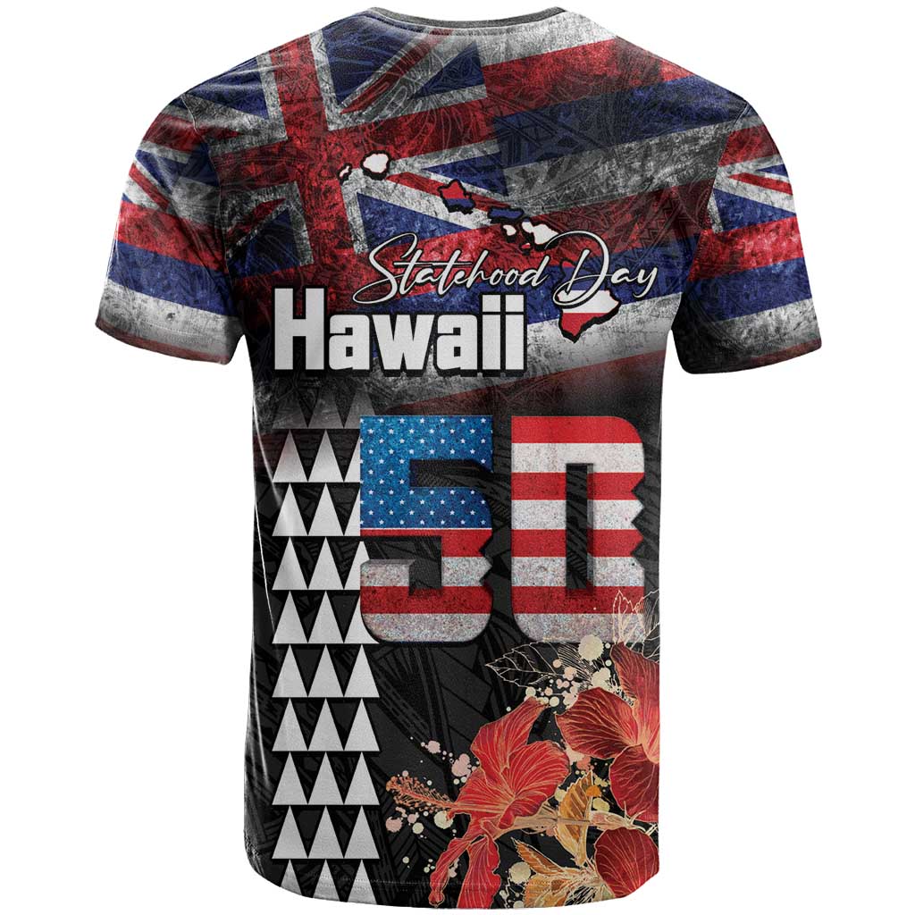 Hawaii Statehood Day T Shirt 50th state of the United States Kakau Tattoos and Hibiscus Grunge - Polynesian Pride