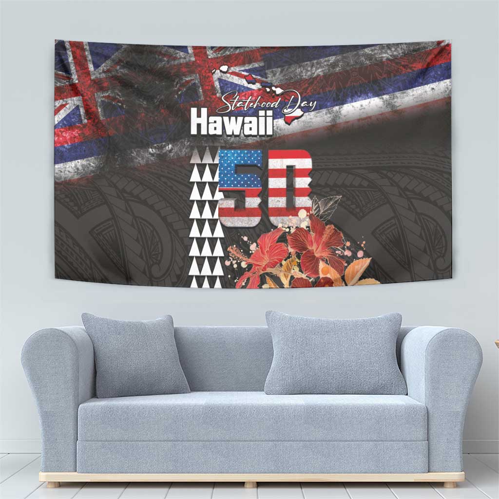 Hawaii Statehood Day Tapestry 50th state of the United States Kakau Tattoos and Hibiscus Grunge - Polynesian Pride
