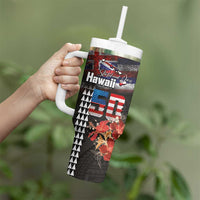 Hawaii Statehood Day Tumbler With Handle 50th state of the United States Kakau Tattoos and Hibiscus Grunge - Polynesian Pride