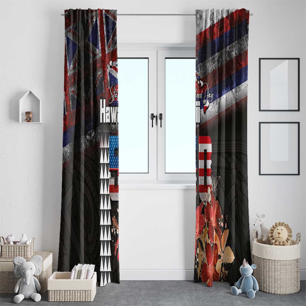 Hawaii Statehood Day Window Curtain 50th state of the United States Kakau Tattoos and Hibiscus Grunge - Polynesian Pride