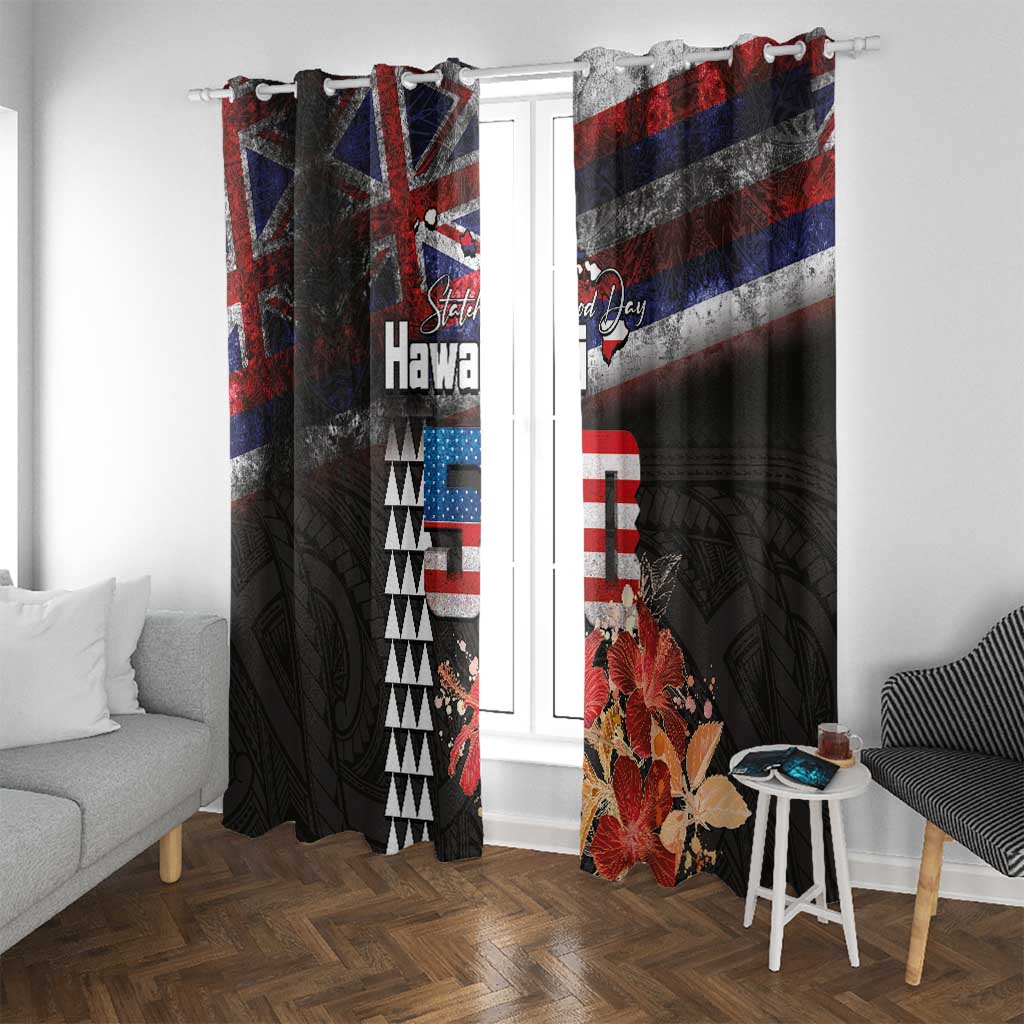 Hawaii Statehood Day Window Curtain 50th state of the United States Kakau Tattoos and Hibiscus Grunge - Polynesian Pride
