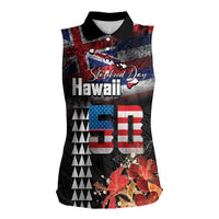 Hawaii Statehood Day Women Sleeveless Polo Shirt 50th state of the United States Kakau Tattoos and Hibiscus Grunge - Polynesian Pride