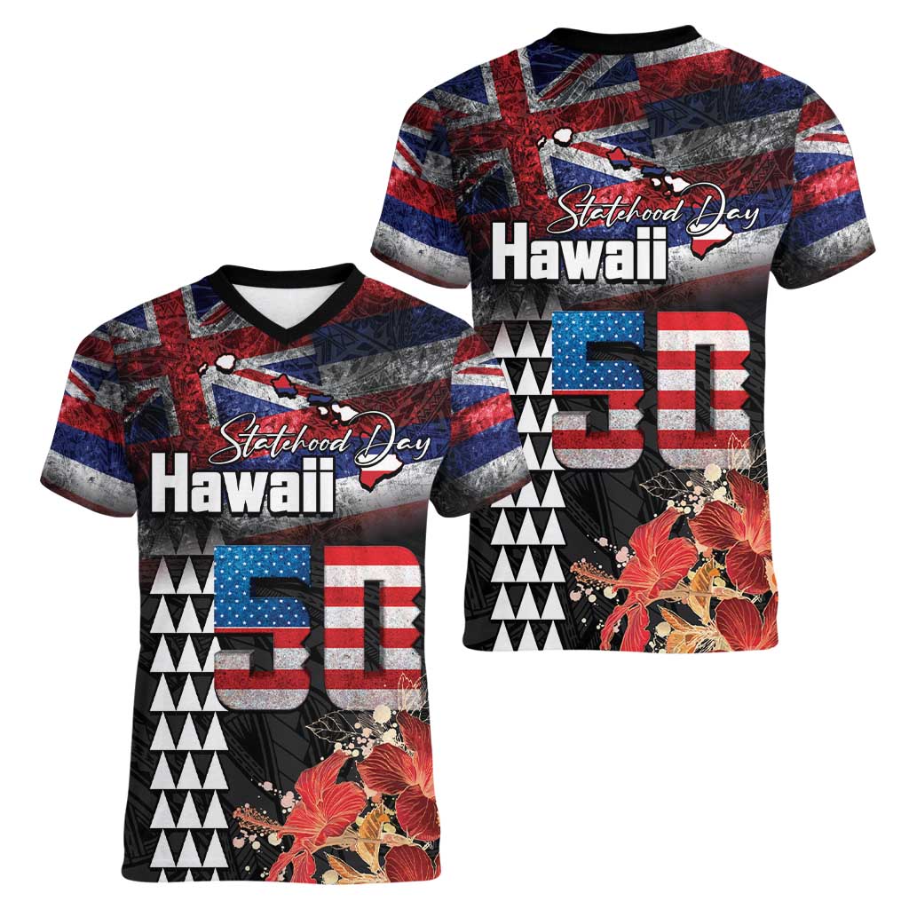 Hawaii Statehood Day Women V-Neck T-Shirt 50th state of the United States Kakau Tattoos and Hibiscus Grunge - Polynesian Pride