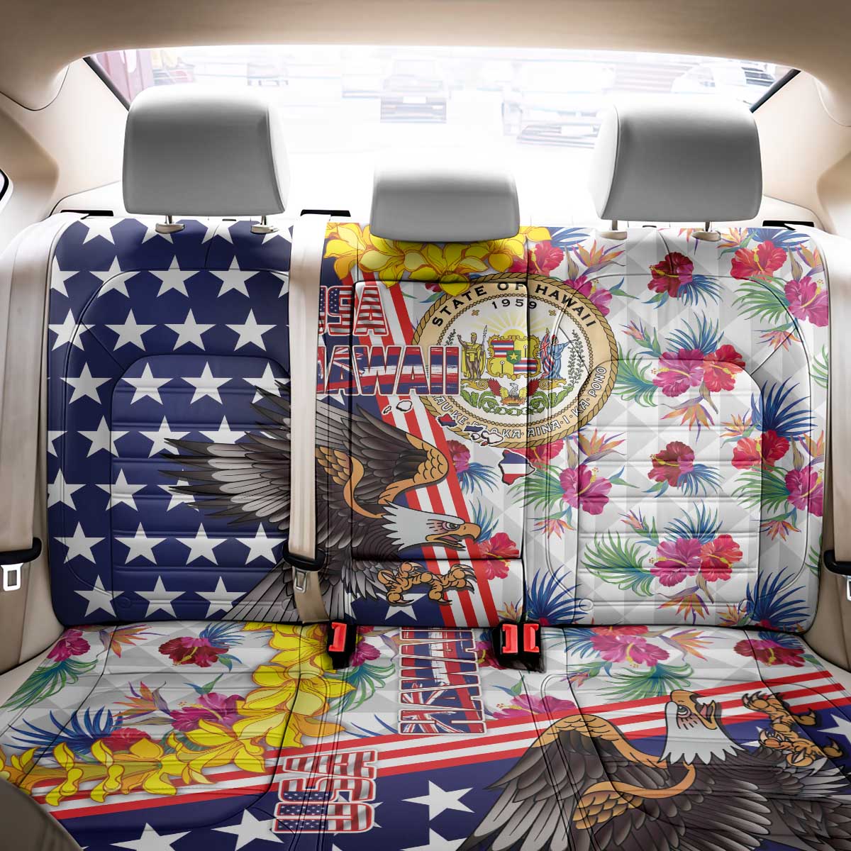 Hawaii and United States Together Back Car Seat Cover Seal of Hawaii and Bald Eagle - Polynesian Pride