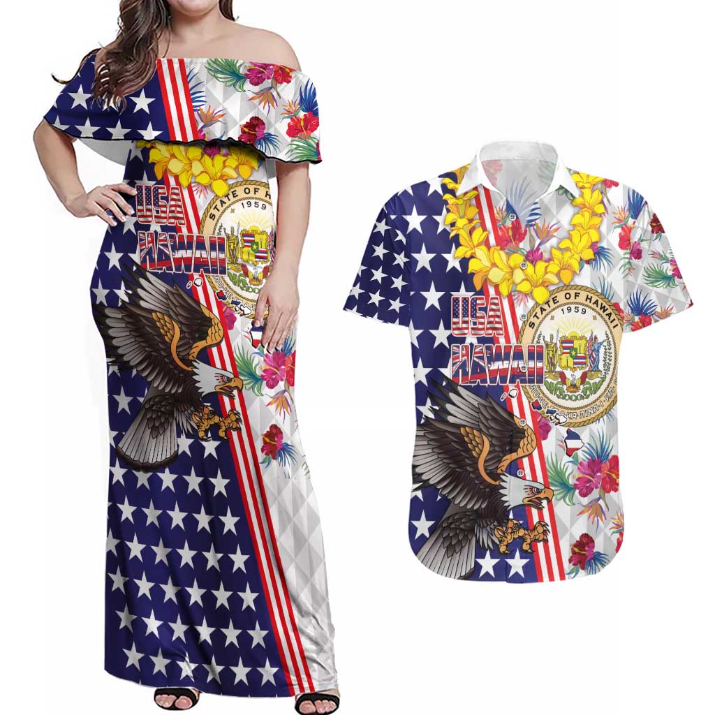 Hawaii and United States Together Couples Matching Off Shoulder Maxi Dress and Hawaiian Shirt Seal of Hawaii and Bald Eagle - Polynesian Pride