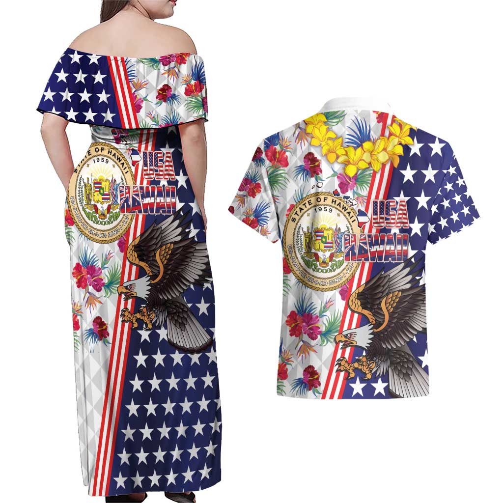 Hawaii and United States Together Couples Matching Off Shoulder Maxi Dress and Hawaiian Shirt Seal of Hawaii and Bald Eagle - Polynesian Pride