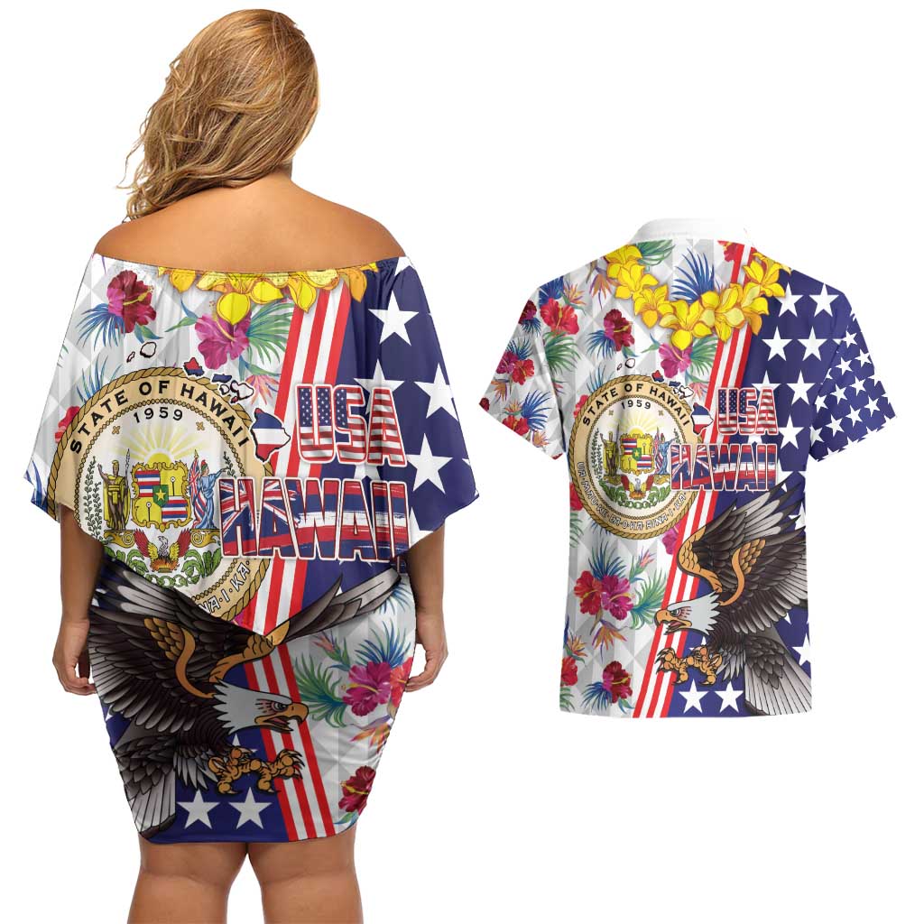 Hawaii and United States Together Couples Matching Off Shoulder Short Dress and Hawaiian Shirt Seal of Hawaii and Bald Eagle - Polynesian Pride