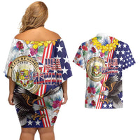 Hawaii and United States Together Couples Matching Off Shoulder Short Dress and Hawaiian Shirt Seal of Hawaii and Bald Eagle - Polynesian Pride