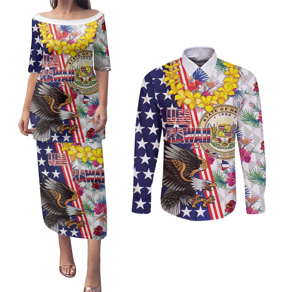 Hawaii and United States Together Couples Matching Puletasi and Long Sleeve Button Shirt Seal of Hawaii and Bald Eagle - Polynesian Pride