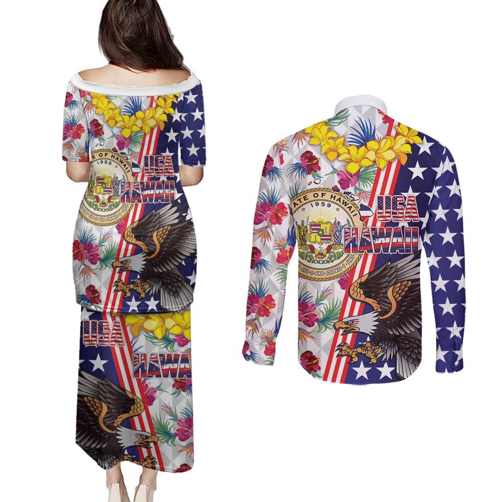 Hawaii and United States Together Couples Matching Puletasi and Long Sleeve Button Shirt Seal of Hawaii and Bald Eagle - Polynesian Pride