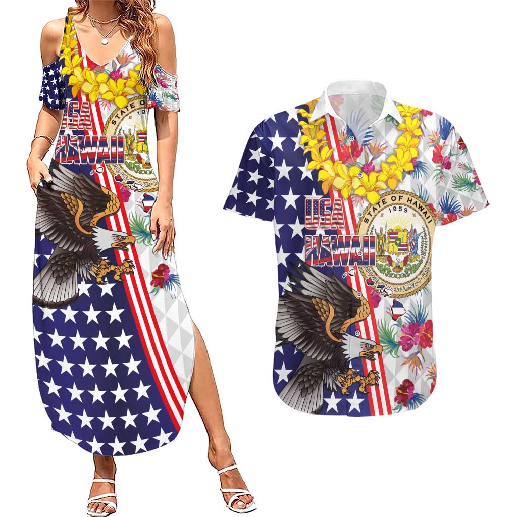Hawaii and United States Together Couples Matching Summer Maxi Dress and Hawaiian Shirt Seal of Hawaii and Bald Eagle - Polynesian Pride