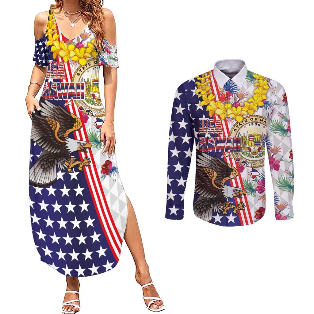 Hawaii and United States Together Couples Matching Summer Maxi Dress and Long Sleeve Button Shirt Seal of Hawaii and Bald Eagle - Polynesian Pride