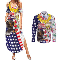 Hawaii and United States Together Couples Matching Summer Maxi Dress and Long Sleeve Button Shirt Seal of Hawaii and Bald Eagle - Polynesian Pride