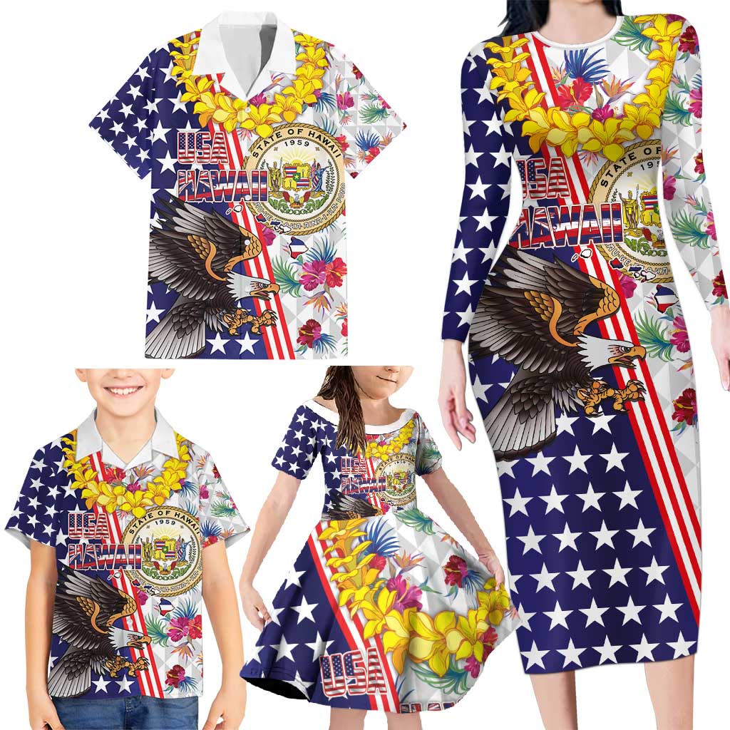Hawaii and United States Together Family Matching Long Sleeve Bodycon Dress and Hawaiian Shirt Seal of Hawaii and Bald Eagle - Polynesian Pride