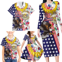 Hawaii and United States Together Family Matching Long Sleeve Bodycon Dress and Hawaiian Shirt Seal of Hawaii and Bald Eagle - Polynesian Pride