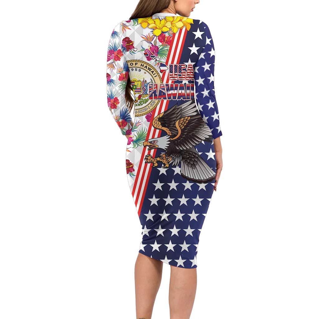 Hawaii and United States Together Family Matching Long Sleeve Bodycon Dress and Hawaiian Shirt Seal of Hawaii and Bald Eagle - Polynesian Pride