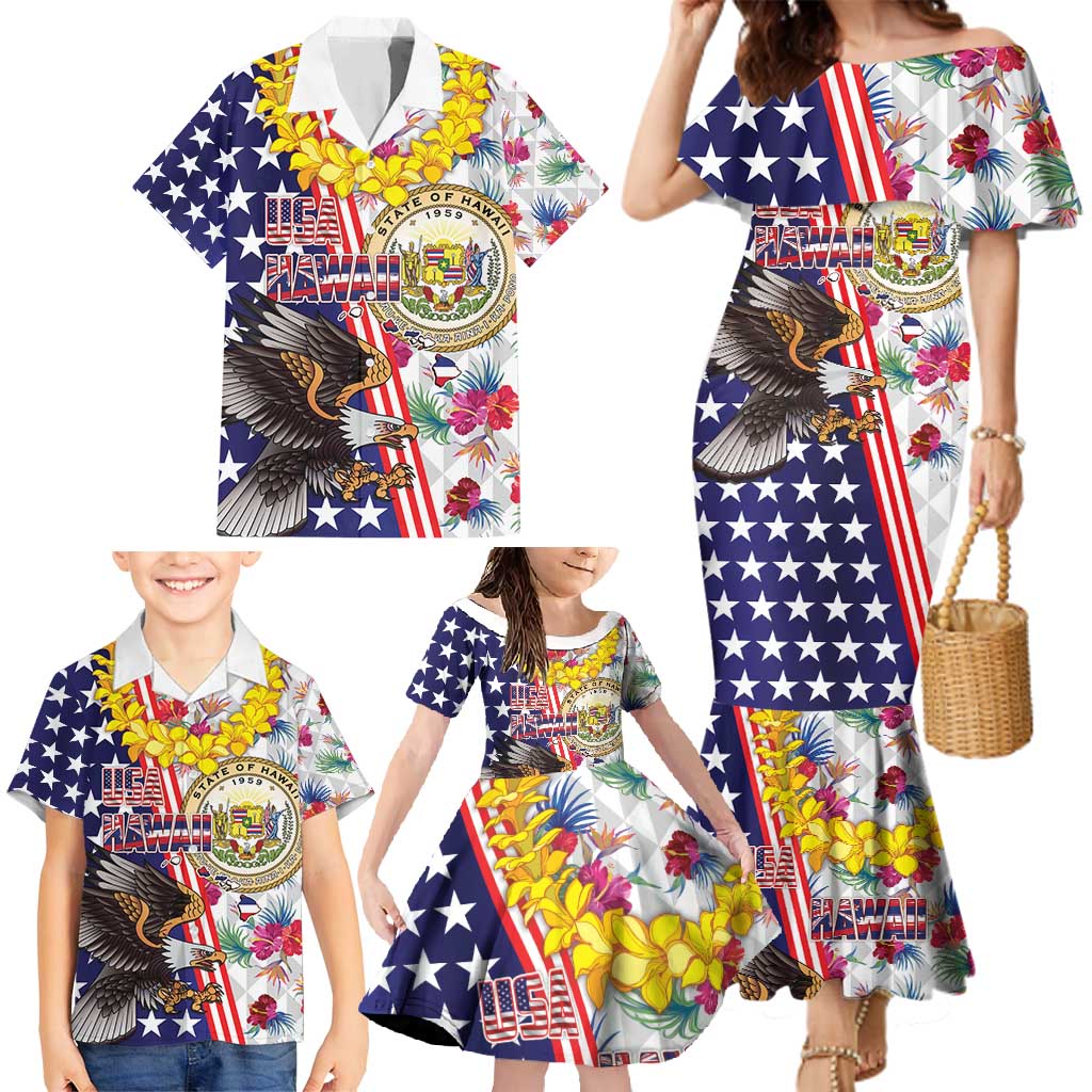 Hawaii and United States Together Family Matching Mermaid Dress and Hawaiian Shirt Seal of Hawaii and Bald Eagle - Polynesian Pride