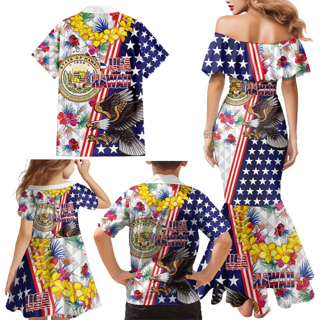 Hawaii and United States Together Family Matching Mermaid Dress and Hawaiian Shirt Seal of Hawaii and Bald Eagle - Polynesian Pride