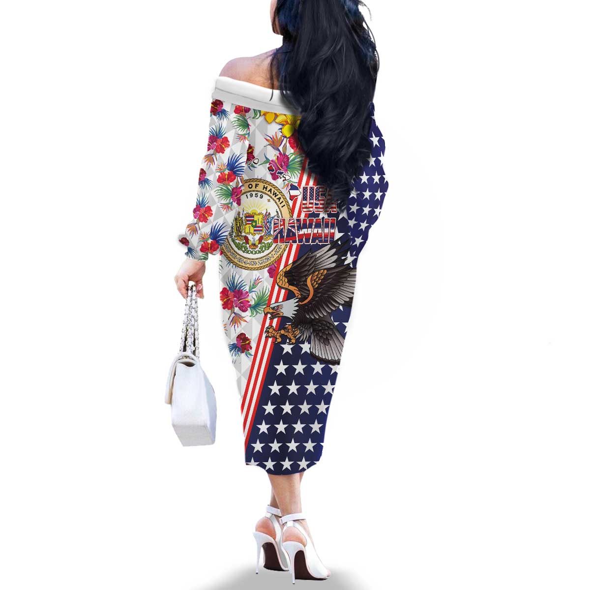 Hawaii and United States Together Family Matching Off The Shoulder Long Sleeve Dress and Hawaiian Shirt Seal of Hawaii and Bald Eagle - Polynesian Pride