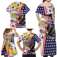 Hawaii and United States Together Family Matching Off Shoulder Maxi Dress and Hawaiian Shirt Seal of Hawaii and Bald Eagle - Polynesian Pride