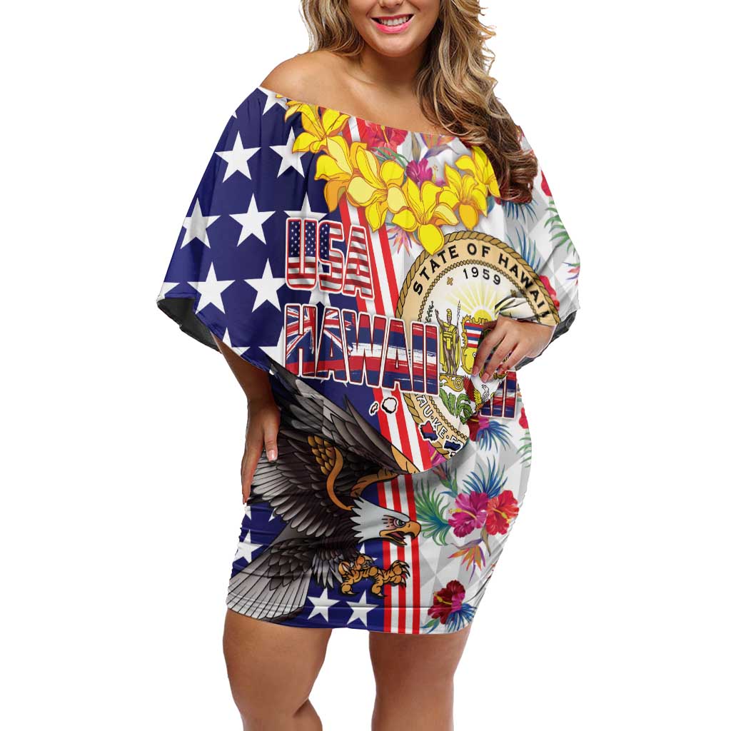 Hawaii and United States Together Family Matching Off Shoulder Short Dress and Hawaiian Shirt Seal of Hawaii and Bald Eagle - Polynesian Pride