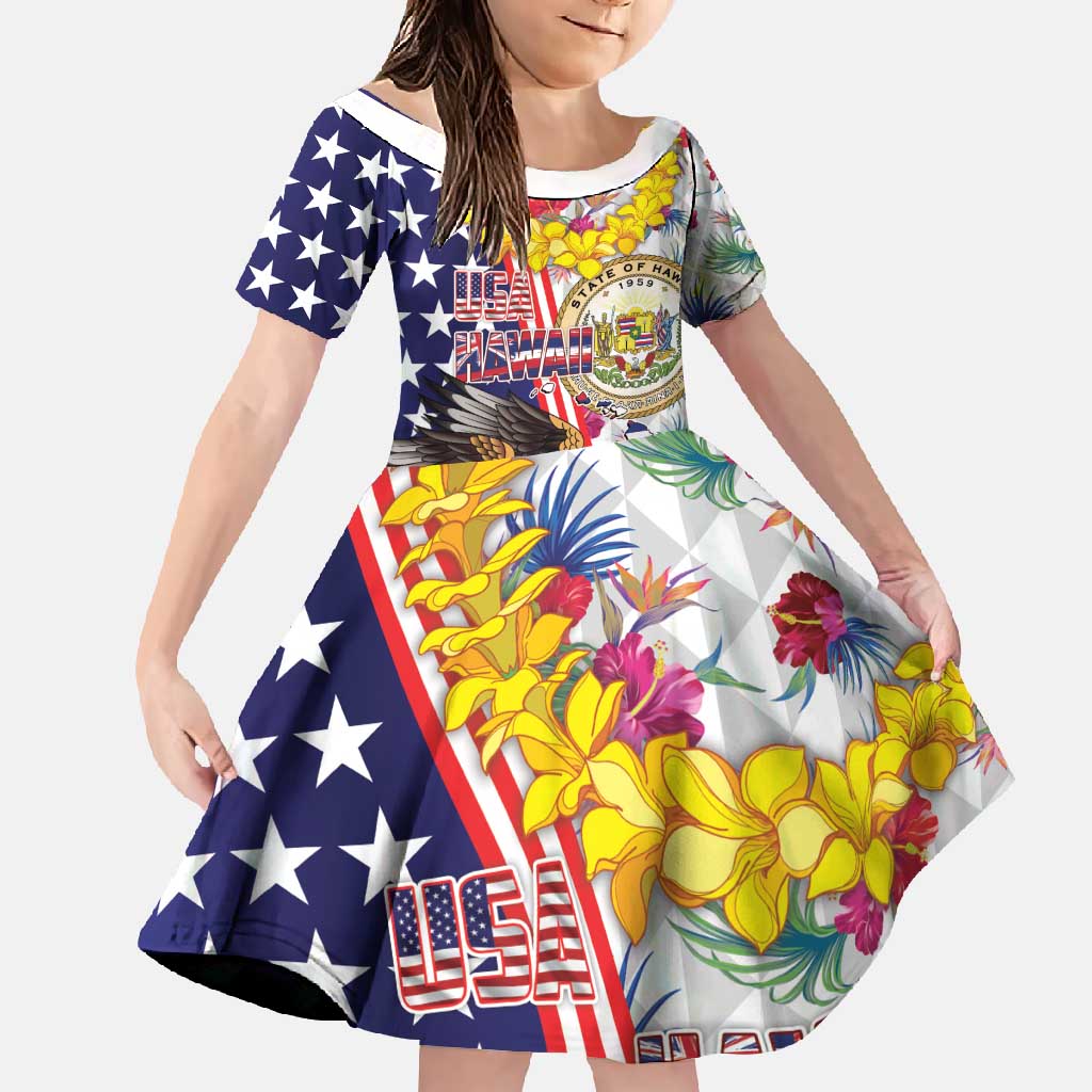 Hawaii and United States Together Family Matching Short Sleeve Bodycon Dress and Hawaiian Shirt Seal of Hawaii and Bald Eagle - Polynesian Pride