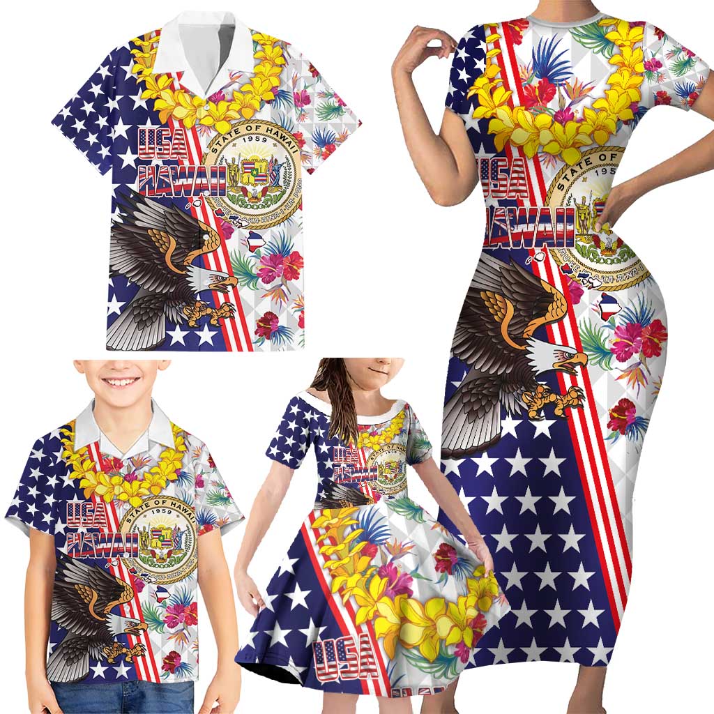 Hawaii and United States Together Family Matching Short Sleeve Bodycon Dress and Hawaiian Shirt Seal of Hawaii and Bald Eagle - Polynesian Pride
