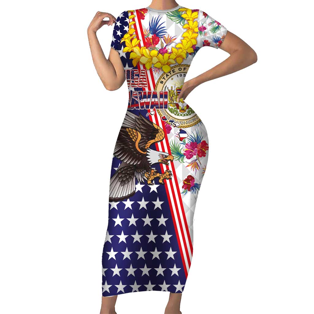 Hawaii and United States Together Family Matching Short Sleeve Bodycon Dress and Hawaiian Shirt Seal of Hawaii and Bald Eagle - Polynesian Pride