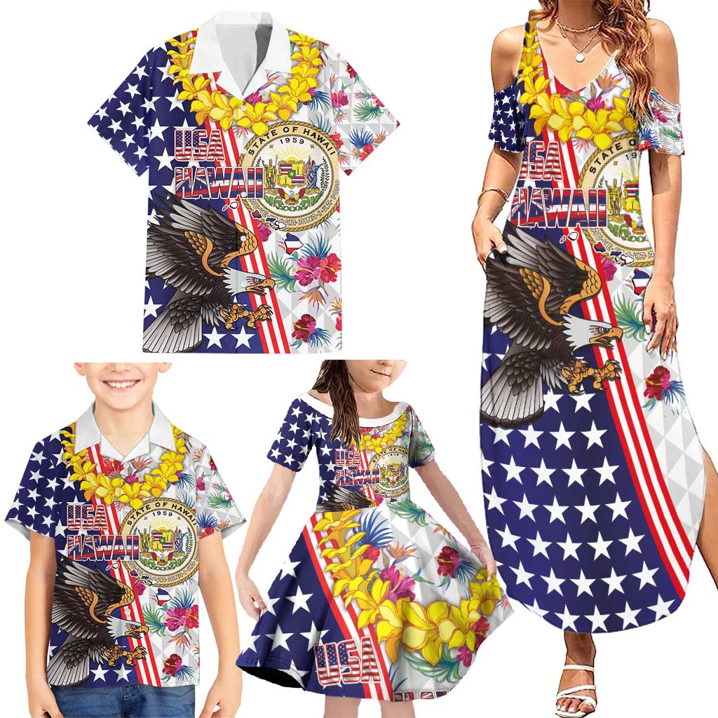 Hawaii and United States Together Family Matching Summer Maxi Dress and Hawaiian Shirt Seal of Hawaii and Bald Eagle - Polynesian Pride
