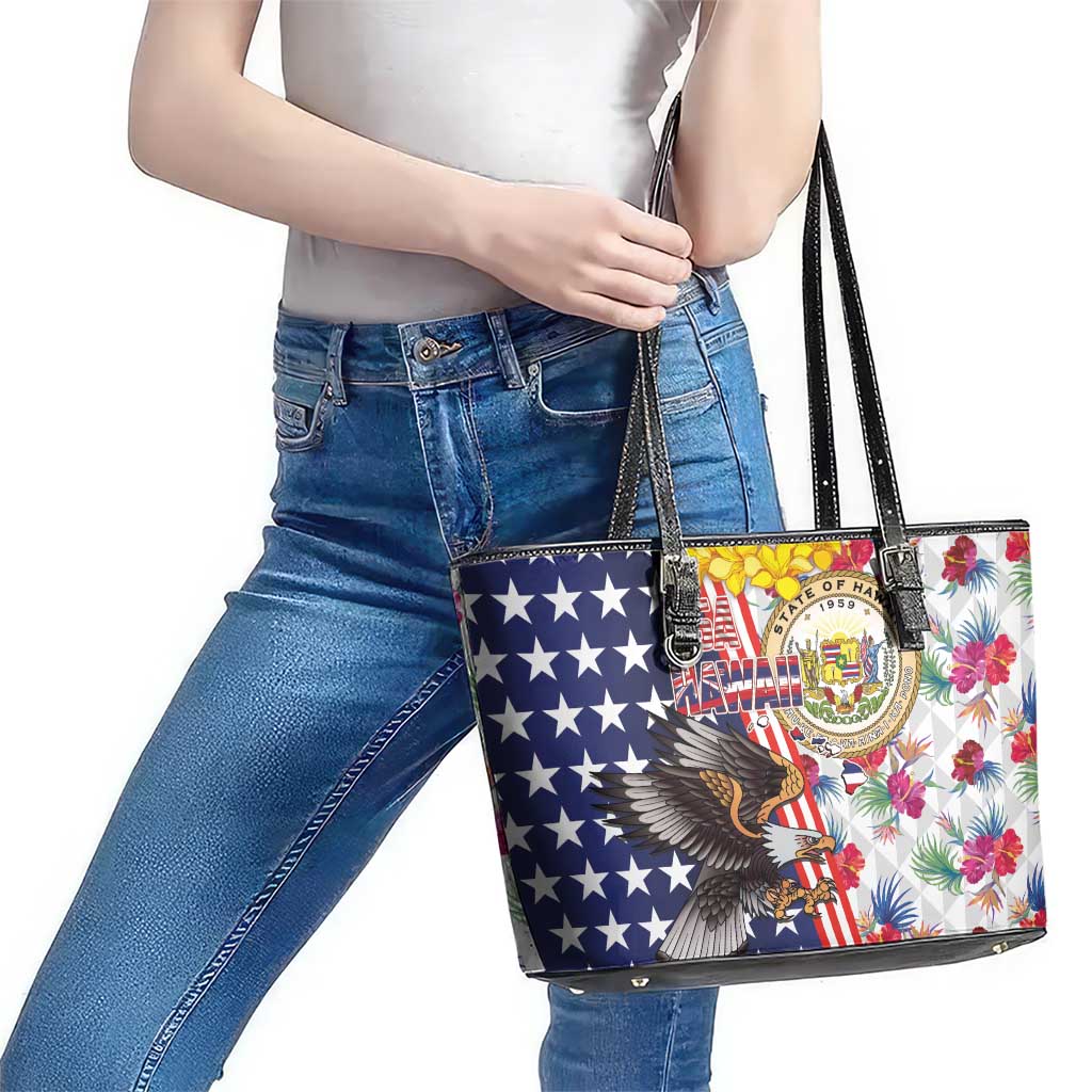 Hawaii and United States Together Leather Tote Bag Seal of Hawaii and Bald Eagle - Polynesian Pride