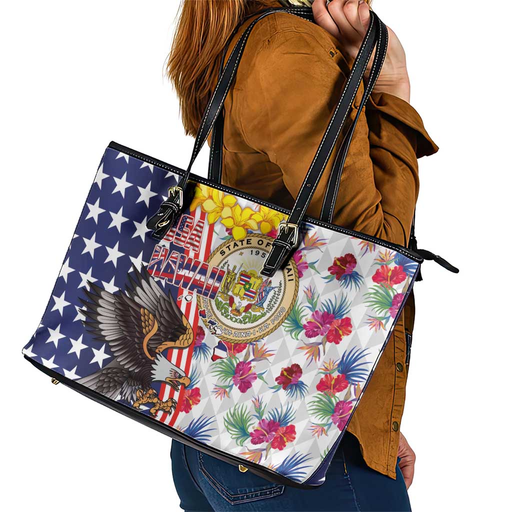 Hawaii and United States Together Leather Tote Bag Seal of Hawaii and Bald Eagle - Polynesian Pride