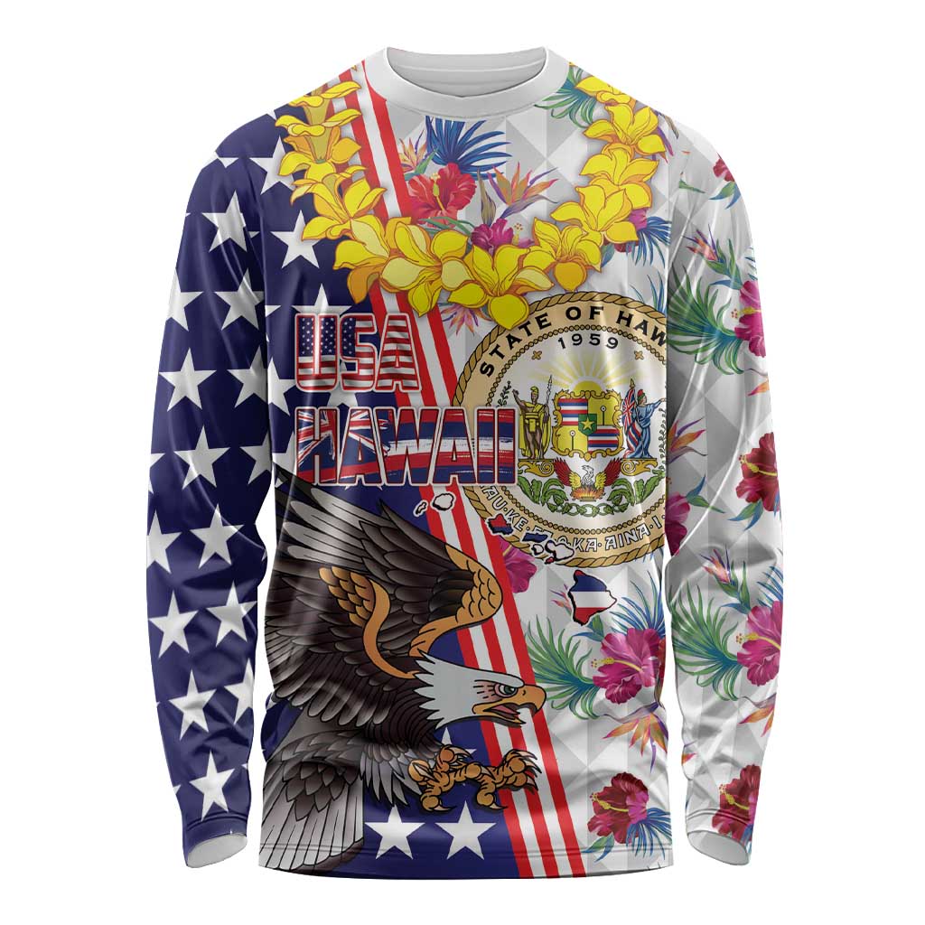 Hawaii and United States Together Long Sleeve Shirt Seal of Hawaii and Bald Eagle - Polynesian Pride