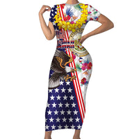 Hawaii and United States Together Short Sleeve Bodycon Dress Seal of Hawaii and Bald Eagle - Polynesian Pride