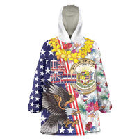 Hawaii and United States Together Wearable Blanket Hoodie Seal of Hawaii and Bald Eagle - Polynesian Pride
