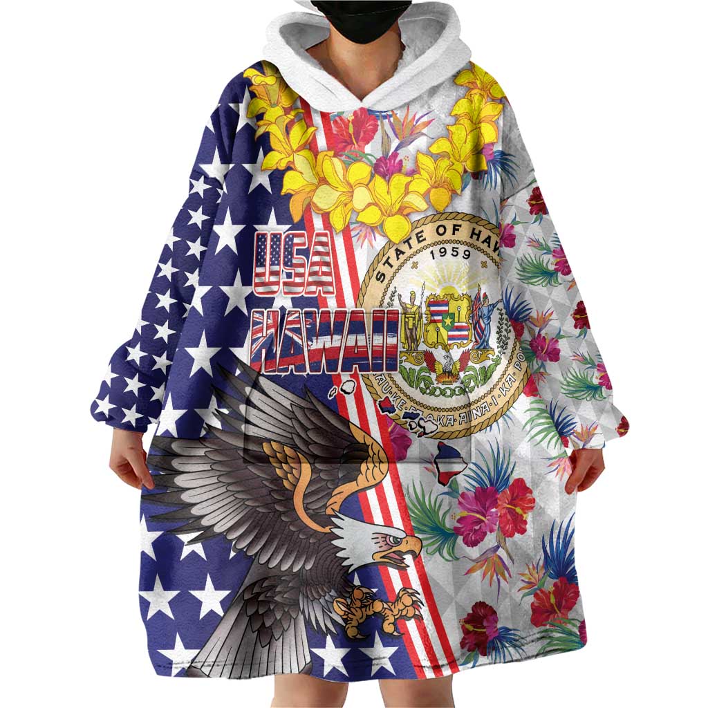 Hawaii and United States Together Wearable Blanket Hoodie Seal of Hawaii and Bald Eagle - Polynesian Pride