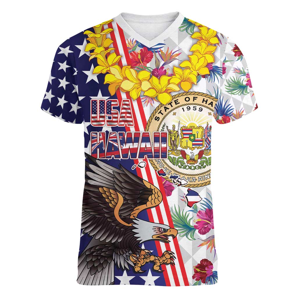 Hawaii and United States Together Women V-Neck T-Shirt Seal of Hawaii and Bald Eagle - Polynesian Pride