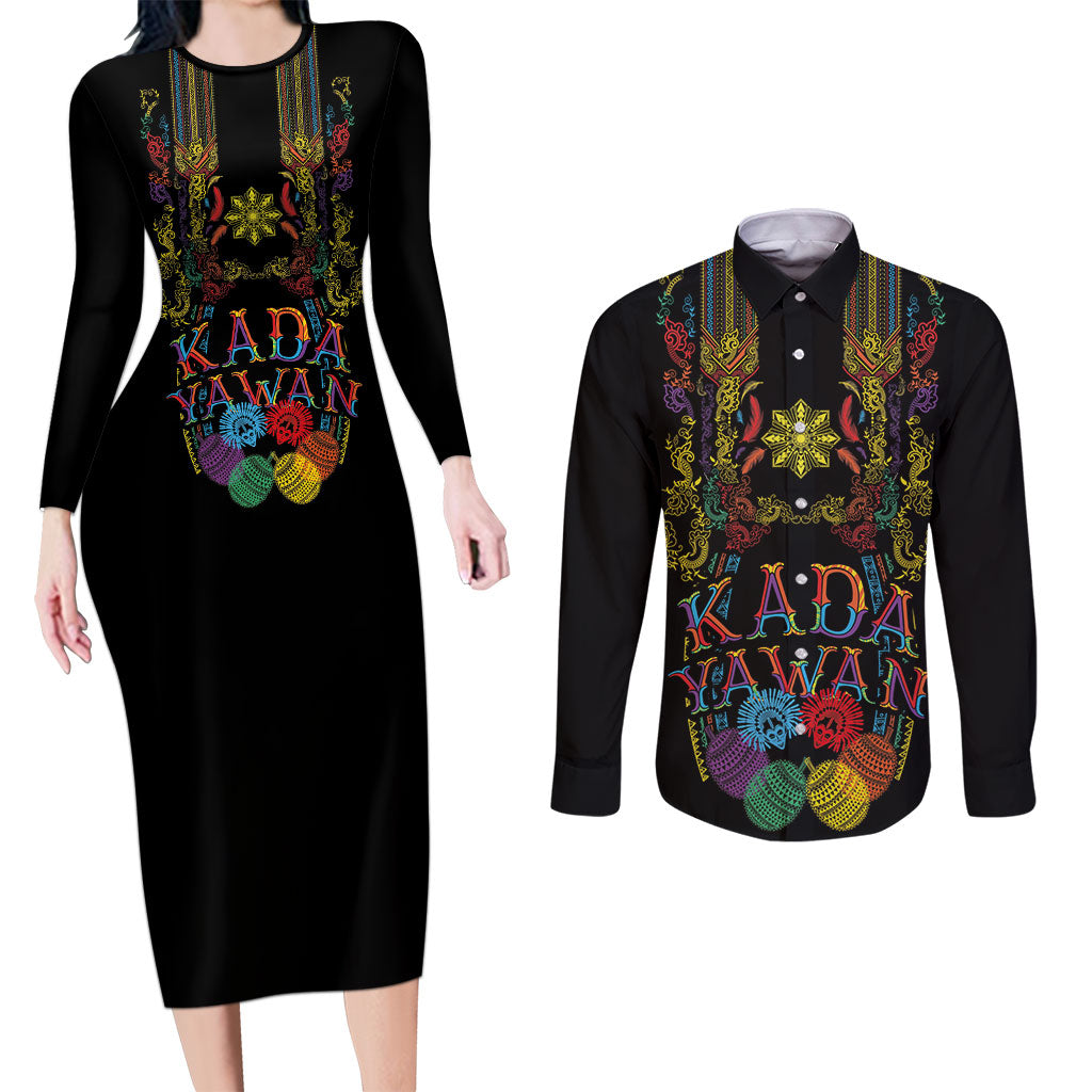 Philippines Kadayawan Festival Couples Matching Long Sleeve Bodycon Dress and Long Sleeve Button Shirt Polynesian Tribal Art Barong Style