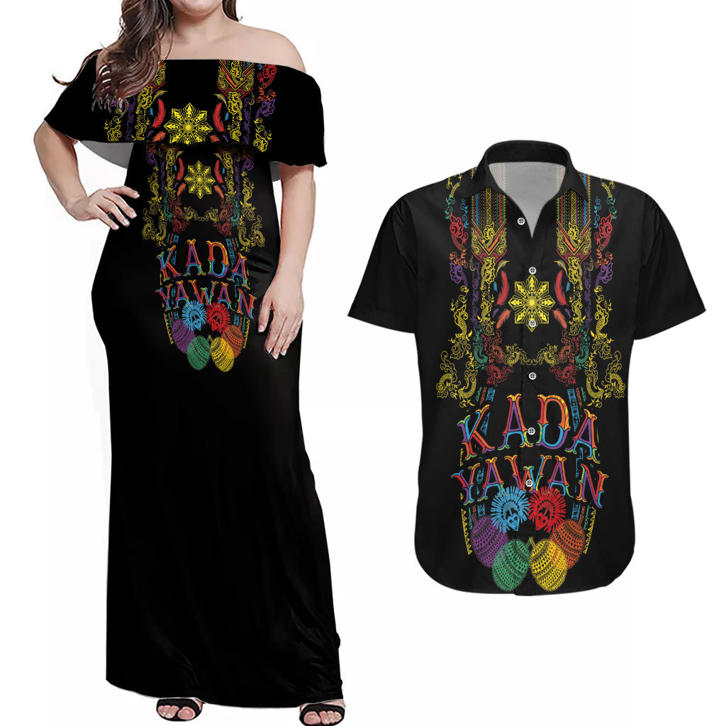Philippines Kadayawan Festival Couples Matching Off Shoulder Maxi Dress and Hawaiian Shirt Polynesian Tribal Art Barong Style