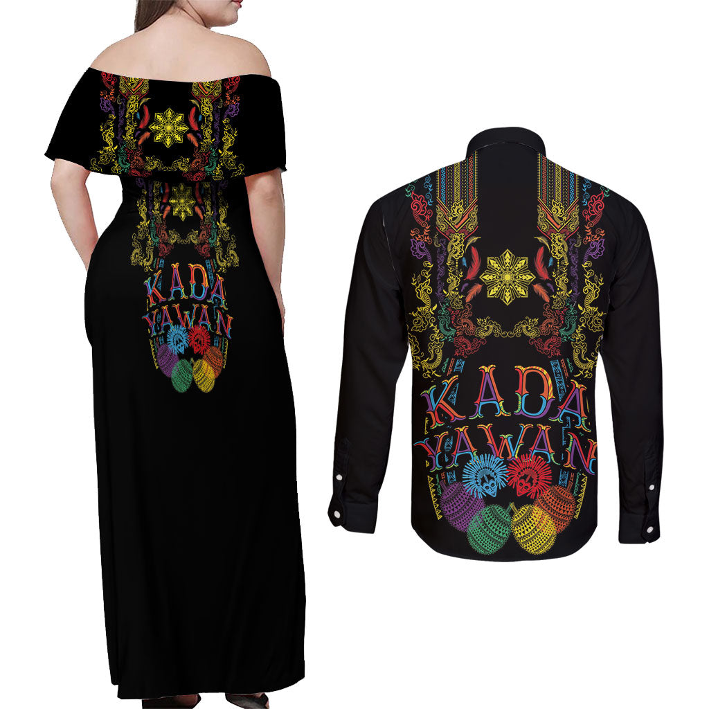 Philippines Kadayawan Festival Couples Matching Off Shoulder Maxi Dress and Long Sleeve Button Shirt Polynesian Tribal Art Barong Style