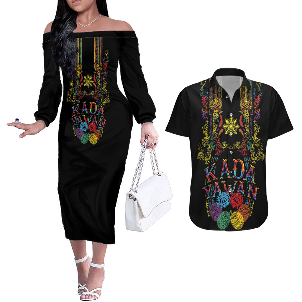 Philippines Kadayawan Festival Couples Matching Off The Shoulder Long Sleeve Dress and Hawaiian Shirt Polynesian Tribal Art Barong Style LT03 Black - Polynesian Pride