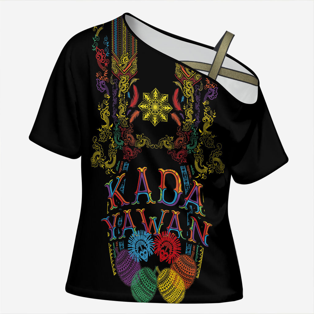 Philippines Kadayawan Festival Cross Shoulder Shirt Polynesian Tribal Art Barong Style LT03 Female Black - Polynesian Pride