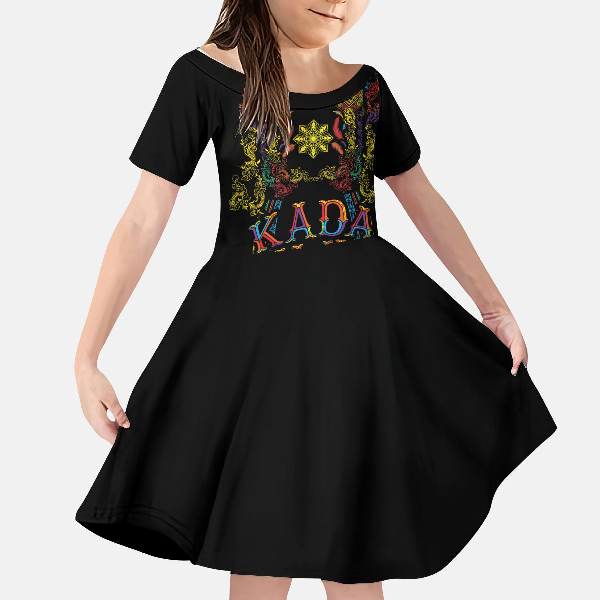 Philippines Kadayawan Festival Kid Short Sleeve Dress Polynesian Tribal Art Barong Style