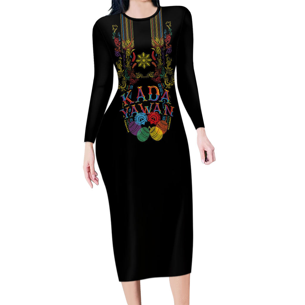 Philippines Kadayawan Festival Long Sleeve Bodycon Dress Polynesian Tribal Art Barong Style LT03 Long Dress Black - Polynesian Pride