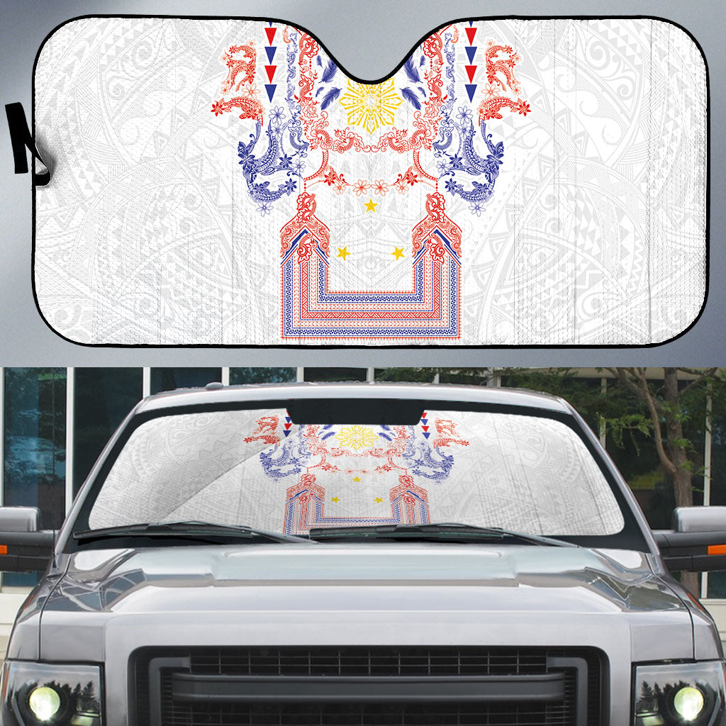 Philippines Barong Style Auto Sun Shade Polynesian Kakau Art Tattoos with Tribal Filipino Sun LT03 White - Polynesian Pride