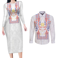 Philippines Barong Style Couples Matching Long Sleeve Bodycon Dress and Long Sleeve Button Shirt Polynesian Kakau Art Tattoos with Tribal Filipino Sun