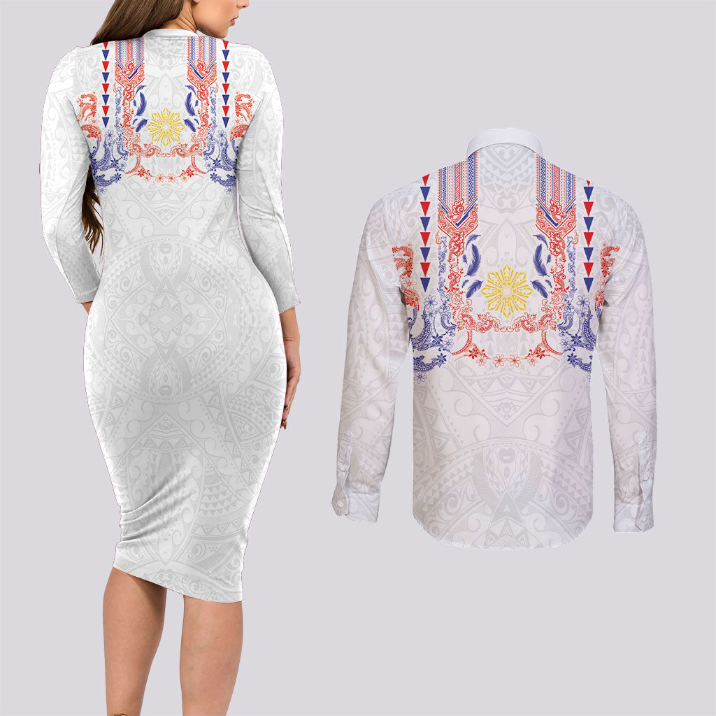 Philippines Barong Style Couples Matching Long Sleeve Bodycon Dress and Long Sleeve Button Shirt Polynesian Kakau Art Tattoos with Tribal Filipino Sun