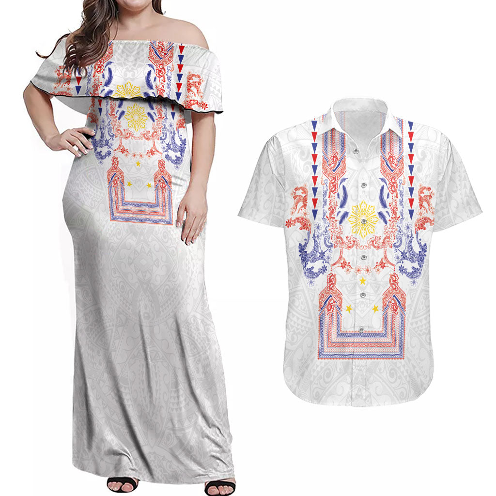 Philippines Barong Style Couples Matching Off Shoulder Maxi Dress and Hawaiian Shirt Polynesian Kakau Art Tattoos with Tribal Filipino Sun LT03 White - Polynesian Pride