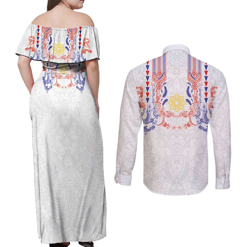 Philippines Barong Style Couples Matching Off Shoulder Maxi Dress and Long Sleeve Button Shirt Polynesian Kakau Art Tattoos with Tribal Filipino Sun